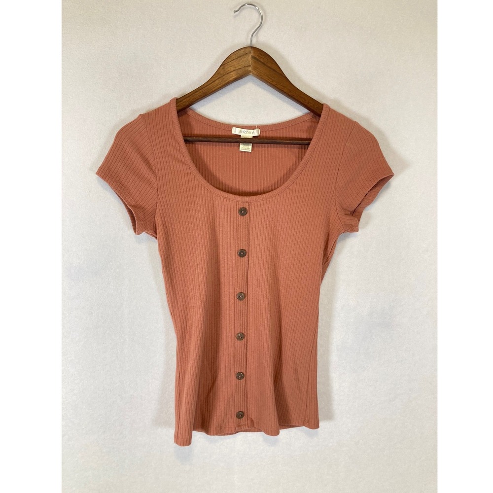 Cottagecore Bozzolo Women Medium Terracotta Ribbed Button Front Short Sleeve Top